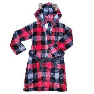 Boys M 8/10 Cuddl Duds Moose/Deer black/red Checkered Plaid Winter Hooded Robe